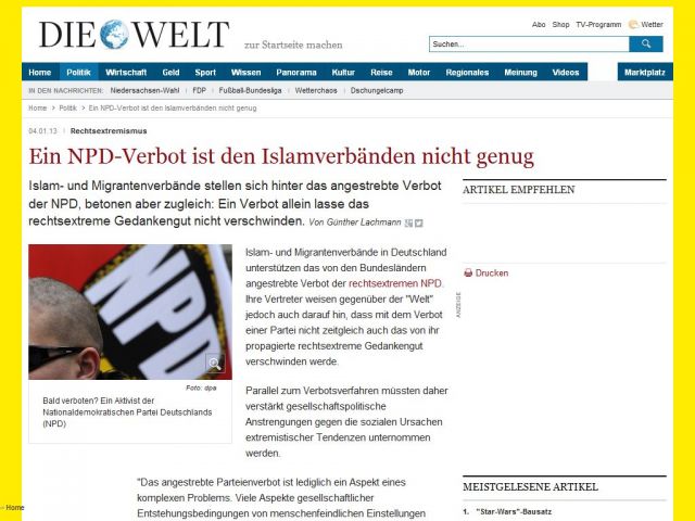 Bild zum Artikel: Rechtsextremismus: Ein NPD-Verbot ist den Islamverbänden nicht genug