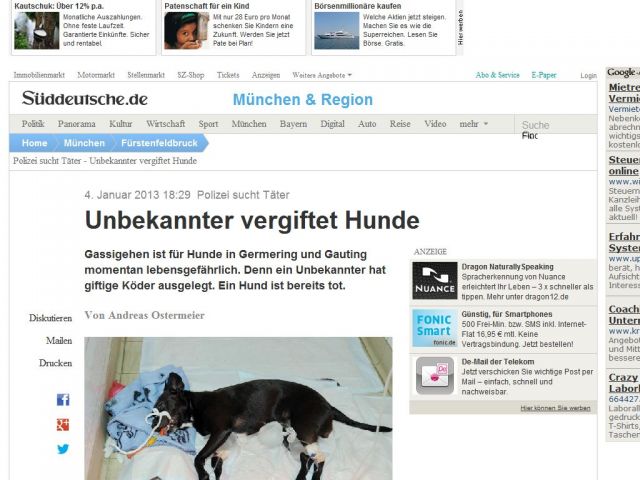 Bild zum Artikel: Polizei sucht Täter: Unbekannter vergiftet Hunde