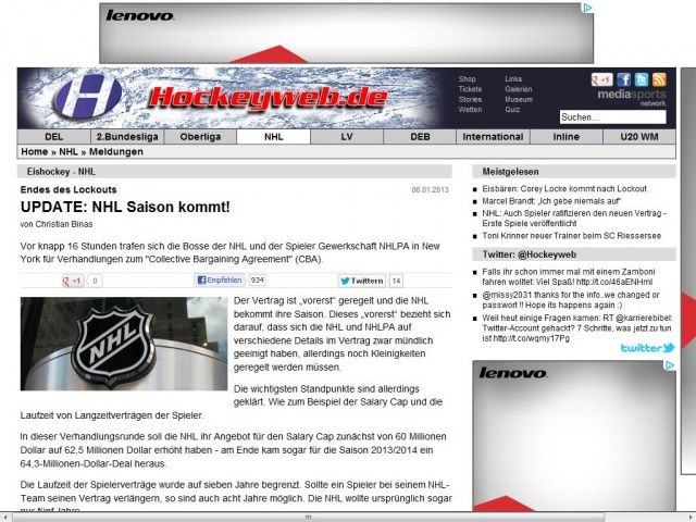 Bild zum Artikel: UPDATE: NHL Saison kommt!