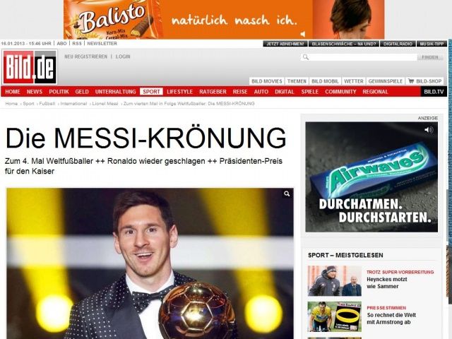 Bild zum Artikel: Zum 4. Mal Weltfußballer - Die MESSI-KRÖNUNG