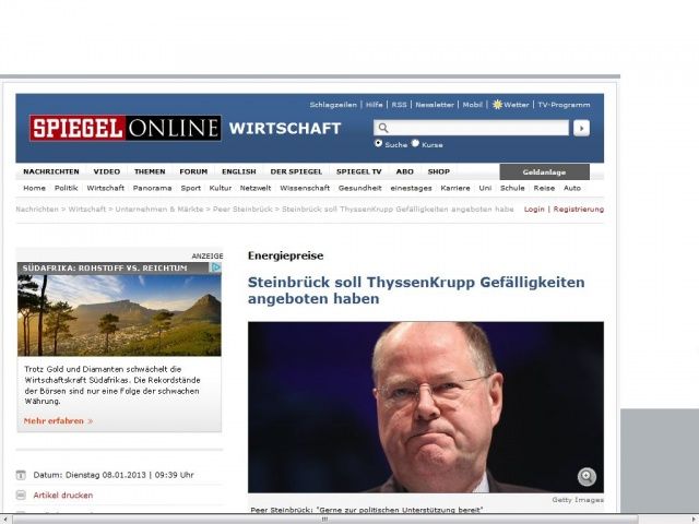 Bild zum Artikel: Energiepreise: Steinbrück soll ThyssenKrupp Gefälligkeiten angeboten haben