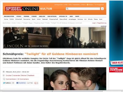 Bild zum Artikel: Schmähpreis: 'Twilight' für elf Goldene Himbeeren nominiert