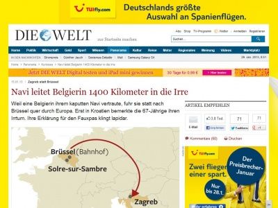 Bild zum Artikel: Zagreb statt Brüssel: Navi leitet Belgierin 1400 Kilometer in die Irre