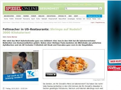 Bild zum Artikel: Fettmacher in US-Restaurants: Shrimps auf Nudeln? 3000 Kilokalorien!