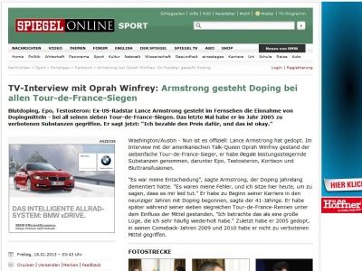 Bild zum Artikel: TV-Geständnis bei Oprah: Armstrong beichtet Doping