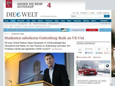 Bild zum Artikel: Darthmouth College: Studenten sabotieren Guttenberg-Rede an US-Uni