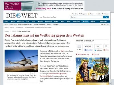 Bild zum Artikel: Intervention in Mali: Der Islamismus ist im Weltkrieg gegen den Westen