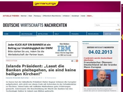 Bild zum Artikel: Islands Präsident: „Lasst die Banken pleitegehen, sie sind keine heiligen Kirchen!“