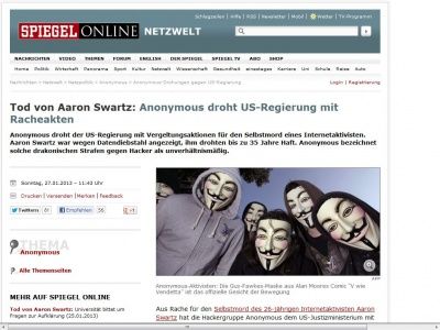 Bild zum Artikel: Tod von Aaron Swartz: Anonymous droht US-Regierung mit Racheakten