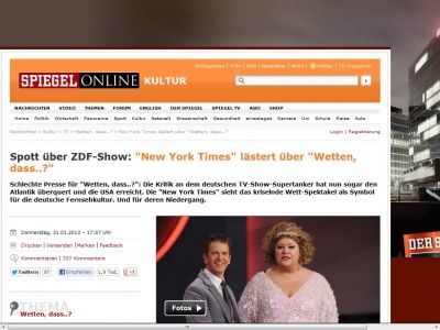 Bild zum Artikel: Spott über ZDF-Show: 'New York Times' lästert über 'Wetten, dass..?'
