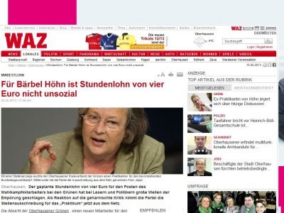 Bild zum Artikel: Mindestlohn: Für Bärbel Höhn ist Stundenlohn von vier Euro nicht unsozial