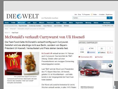 Bild zum Artikel: Fast Food: McDonald's verkauft Currywurst von Uli Hoeneß