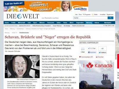 Bild zum Artikel: Debattenkultur: Schavan, Brüderle und 'Neger' erregen die Republik