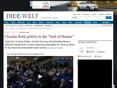 Bild zum Artikel: Iran-Botschafter: Claudia Roth gehört in die 'Hall of Shame'
