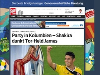 Bild zum Artikel: Party in Kolumbien – Shakira dankt Tor-Held James Nach dem Einzug ins WM-Viertelfinale herrscht in Kolumbien Ausnahmezustand. Doppeltorschütze James Rodriguez ist bereits ein Volksheld. »