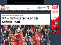 Bild zum Artikel: 0:4 – BVB-Klatsche an der Anfield Road Borussia Dortmund hat sich bei seinem Gastspiel in Liverpool in schwacher Form präsentiert und auch in der Höhe verdient mit 0:4 verloren. »