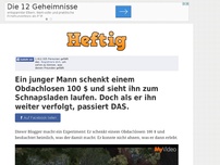 Bild zum Artikel: Ein junger Mann schenkt einem Obdachlosen 100 $ und sieht ihn zum Schnapsladen laufen. Doch als...