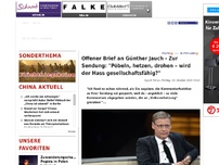 Bild zum Artikel: Offener Brief zur Jauch-Sendung: 'Pöbeln, hetzen, drohen – wird der Hass gesellschaftsfähig?'