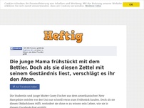 Bild zum Artikel: Die junge Mama frühstückt mit dem Bettler. Doch als sie diesen Zettel mit seinem Geständnis...