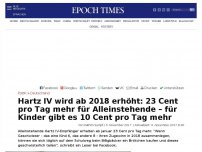 Bild zum Artikel: Hartz IV wird ab 2018 erhöht: 23 Cent pro Tag mehr für Alleinstehende – Für Kinder gibt es 10 Cent pro Tag mehr