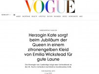 Bild zum Artikel: Herzogin Kate sorgt beim Jubiläum der Queen in einem zitronengelben Kleid von Emilia Wickstead für gute Laune