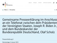 Bild zum Artikel: Gemeinsame Presseerklärung im Anschluss an ein Telefonat zwischen dem Präsidenten der Vereinigten Staaten, Joseph R. Biden Jr., und dem Bundeskanzler der Bundesrepublik Deutschland, Olaf Scholz