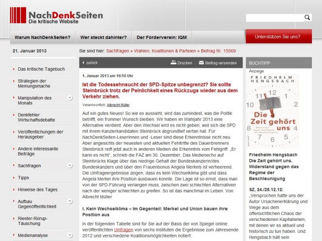 Bild zum Artikel: Ist die Todessehnsucht der SPD-Spitze unbegrenzt? Sie sollte Steinbrück trotz der Peinlichkeit eines Rückzugs wieder aus dem Verkehr ziehen.