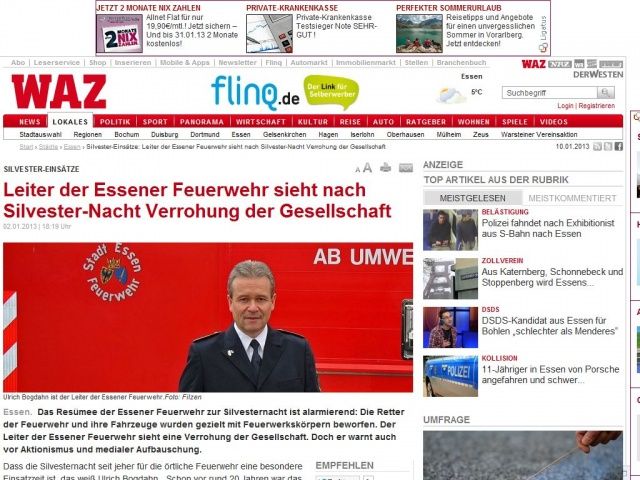 Bild zum Artikel: Silvester-Einsätze: Leiter der Essener Feuerwehr sieht nach Silvester-Nacht...