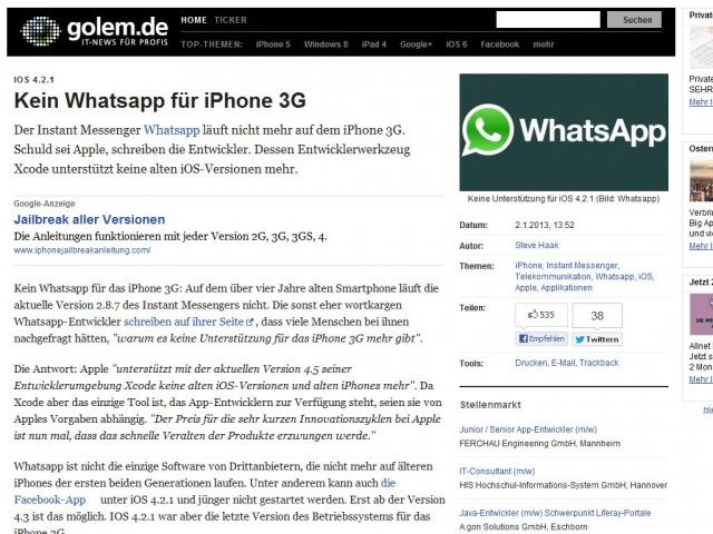 Bild zum Artikel: iOS 4.2.1: Kein Whatsapp für iPhone 3G