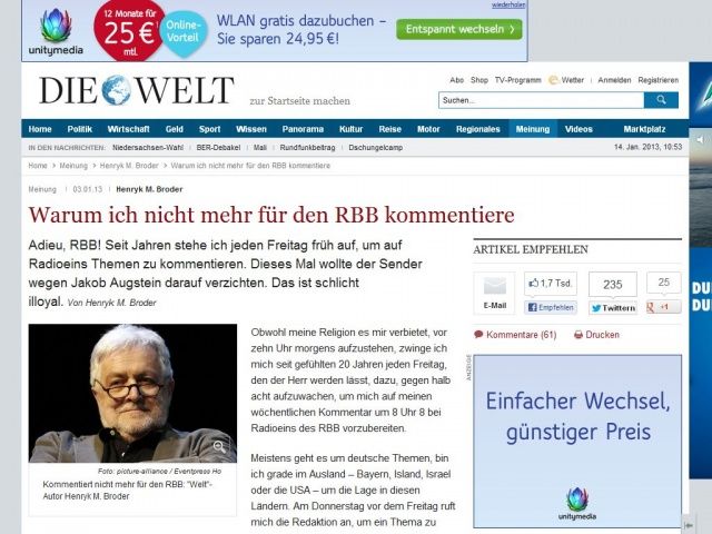 Bild zum Artikel: Henryk M. Broder: Warum ich nicht mehr für den RBB kommentiere