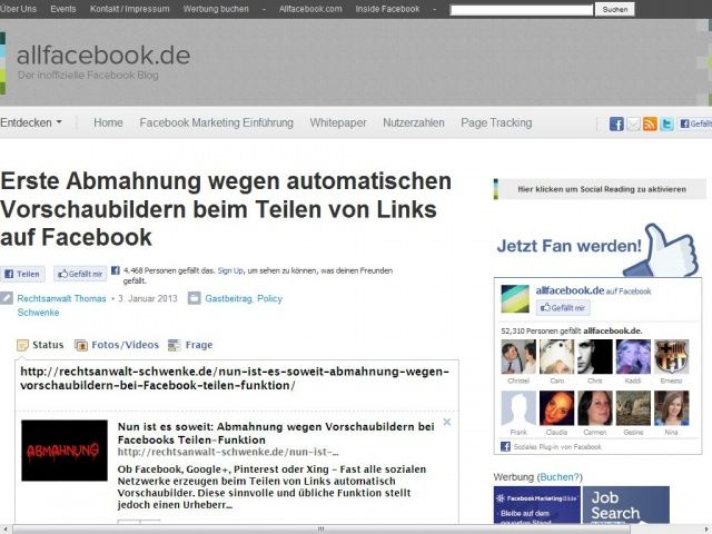 Bild zum Artikel: Erste Abmahnung wegen automatischen Vorschaubildern beim Teilen von Links auf Facebook