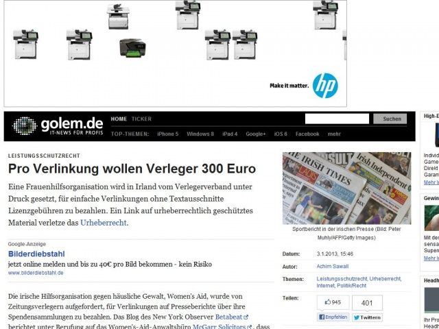 Bild zum Artikel: Leistungsschutzrecht: Pro Verlinkung wollen Verleger 300 Euro