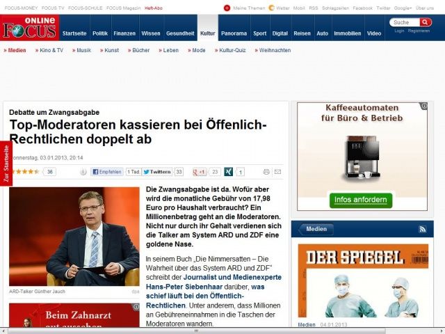 Bild zum Artikel: Debatte um Zwangsabgabe - Moderatoren-Könige kassieren bei ARD und ZDF gleich doppelt ab