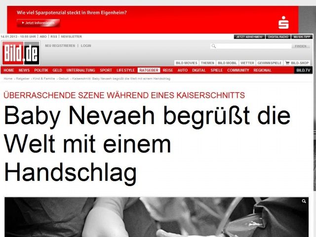 Bild zum Artikel: Während Kaiserschnitt - Baby Nevaeh begrüßt die Welt mit einem Handschlag