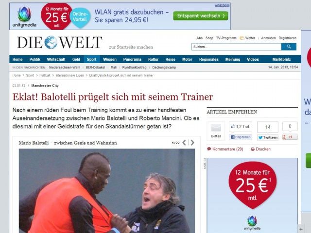 Bild zum Artikel: Manchester City: Eklat! Balotelli prügelt sich mit seinem Trainer