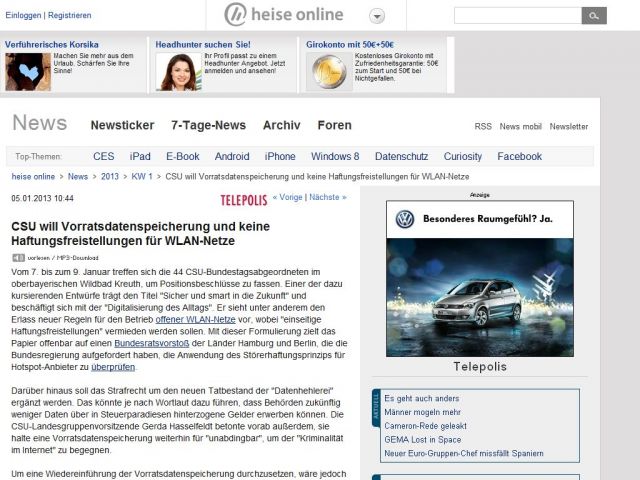 Bild zum Artikel: CSU will Vorratsdatenspeicherung und keine Haftungsfreistellungen für WLAN-Netze