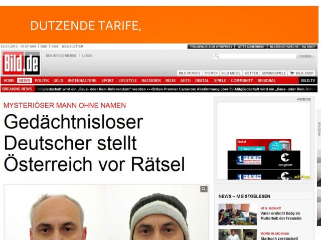 Bild zum Artikel: Mann ohne Namen - Gedächtnisloser Deutscher stellt Österreich vor Rätsel