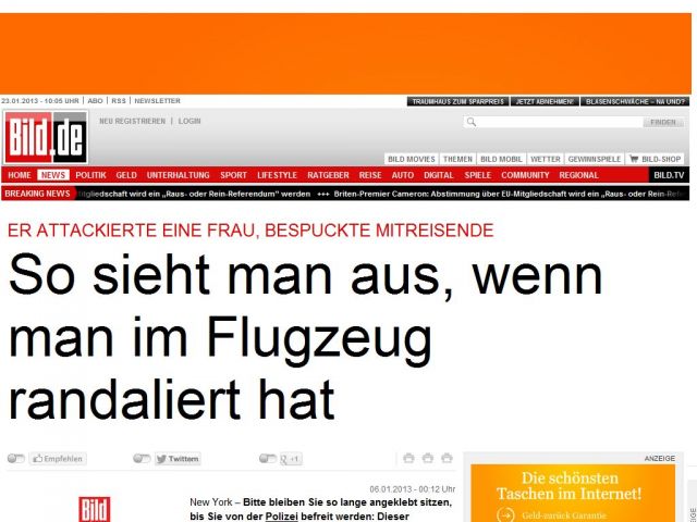 Bild zum Artikel: Flug nach New York - Mutige Passagiere fesseln Randalierer