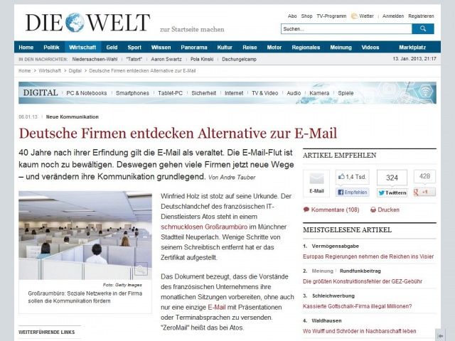 Bild zum Artikel: Neue Kommunikation: Deutsche Firmen entdecken Alternative zur E-Mail