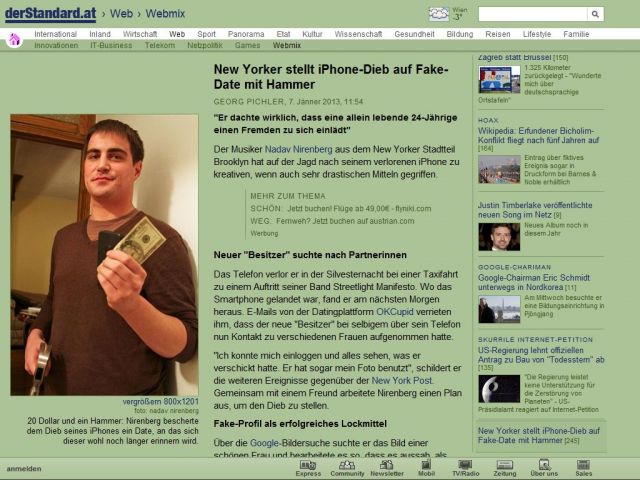 Bild zum Artikel: Vermischtes - New Yorker stellt iPhone-Dieb auf Fake-Date mit Hammer