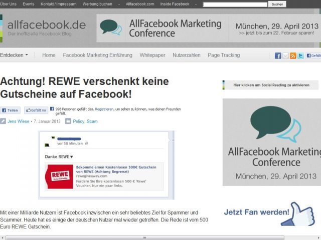 Bild zum Artikel: Achtung! REWE verschenkt keine Gutscheine auf Facebook!