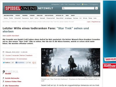 Bild zum Artikel: Letzter Wille eines todkranken Fans: 'Star Trek' sehen und sterben