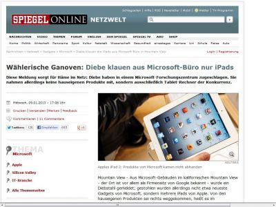 Bild zum Artikel: Wählerische Ganoven: Diebe klauen aus Microsoft-Büro nur iPads