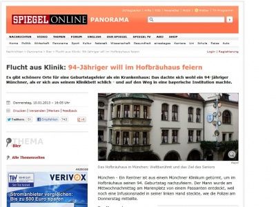 Bild zum Artikel: Flucht aus Klinik: 94-Jähriger will im Hofbräuhaus feiern