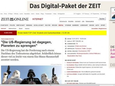 Bild zum Artikel: Todesstern-Petition: 
			  'Die US-Regierung ist dagegen, Planeten zu sprengen'