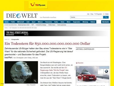 Bild zum Artikel: Kriegswaffe: Ein Todesstern für 850.000.000.000.000.000 Dollar