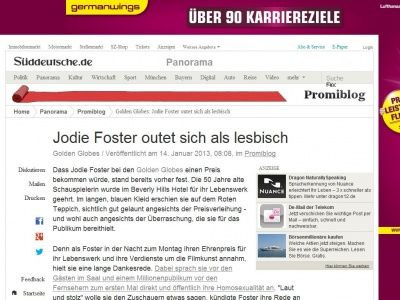 Bild zum Artikel: Golden Globes: Jodie Foster outet sich als lesbisch