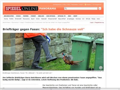 Bild zum Artikel: Briefträger gegen Fasan: 'Ich habe die Schnauze voll'