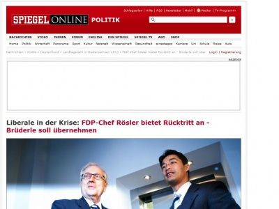 Bild zum Artikel: Liberale in der Krise: FDP-Chef Rösler bietet Rücktritt an - Brüderle soll übernehmen