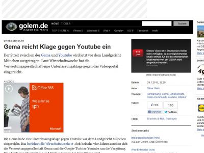 Bild zum Artikel: Urheberrecht: Gema reicht Klage gegen Youtube ein